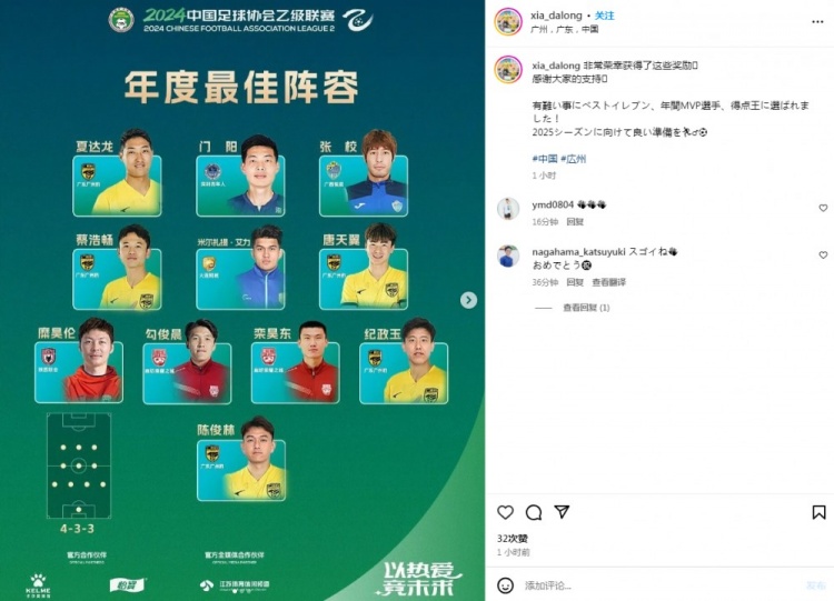 夏達龍獲獎感言：榮幸被選為中乙最佳十一人、最佳球員、最佳射手